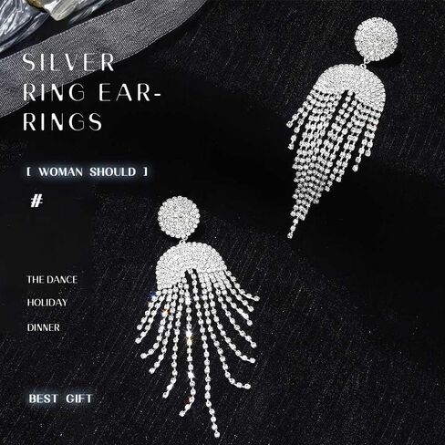 Jeairts Rhinestone Earrings Dangling Silver Clear Chandelier Earrings Crystal Tassel Prom Earrings Sparkly Party Wedding Jewelry for Women and Girls, Rhinestone, Rhinestone in Kuwait