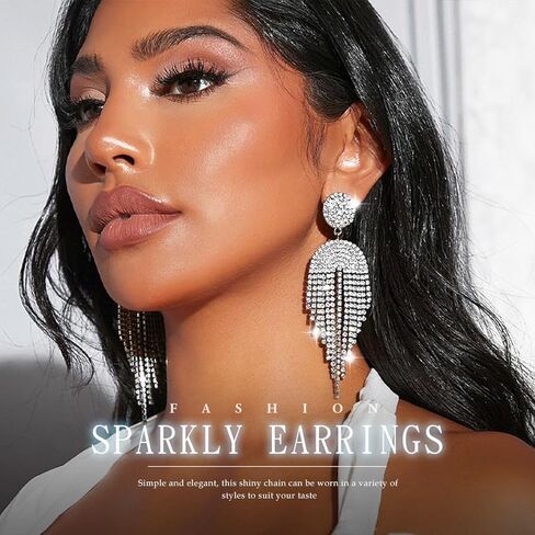Jeairts Rhinestone Earrings Dangling Silver Clear Chandelier Earrings Crystal Tassel Prom Earrings Sparkly Party Wedding Jewelry for Women and Girls, Rhinestone, Rhinestone in Kuwait