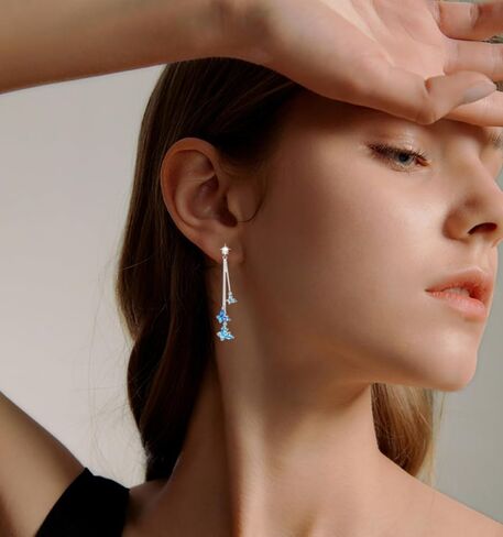 LOVE&CLOVER Butterfly Earrings for Women Girls Dangle Drop Earrings Silver 925 Hypoallergenic Blue in Saudi Arabia