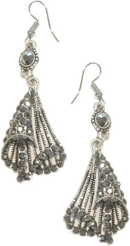Geometric Feather Fan Art Deco Vintage Retro Flapper Gatsby Style Gray Marcasite Grey Rhinestone Statement Earrings in Saudi Arabia