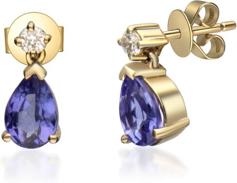 Gin & Grace 14K Yellow Gold Natural Diamond (I1,I2) Stud Earring for Women with Pear Cut Genuine Tanzanite in Saudi Arabia