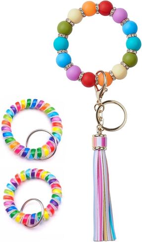 keychain lanyard for womens keychains for women bulk keychain accessories Key Ring with Leather Tassel Bracelet Car Keychain Wristlet Silicone Women Beaded Bangle Chain in Saudi Arabia