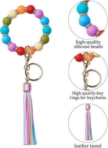 keychain lanyard for womens keychains for women bulk keychain accessories Key Ring with Leather Tassel Bracelet Car Keychain Wristlet Silicone Women Beaded Bangle Chain in Saudi Arabia