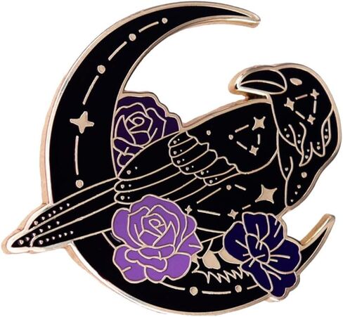 Ficsowy Crow Enamel Pin Gothic Style Celestial Symbols Moon & Rose Shaped Badge, Lapel Pin, Raven Moon Brooch for Women and Girls, Unisex Fashion Accessories in Saudi Arabia