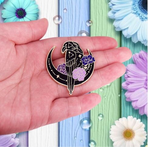 Ficsowy Crow Enamel Pin Gothic Style Celestial Symbols Moon & Rose Shaped Badge, Lapel Pin, Raven Moon Brooch for Women and Girls, Unisex Fashion Accessories in Saudi Arabia
