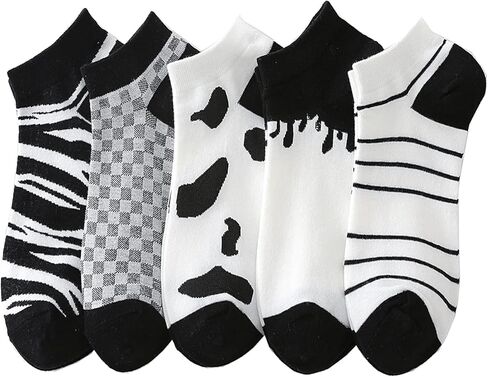 جوارب بطول الكاحل بنمط بقرة باللونين الاسود والابيض، جوارب قصيرة مخططة بنقشة مربعات غير ظاهرة للنساء والسيدات والفتيات، عبوة من 5 قطع in Kuwait