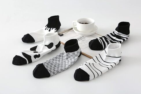 جوارب بطول الكاحل بنمط بقرة باللونين الاسود والابيض، جوارب قصيرة مخططة بنقشة مربعات غير ظاهرة للنساء والسيدات والفتيات، عبوة من 5 قطع in Kuwait