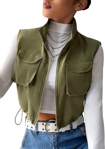 Verdusa Women's Flap Pocket Zip Up Sleeveless Drawstring Crop Vest Jacket in Saudi Arabia