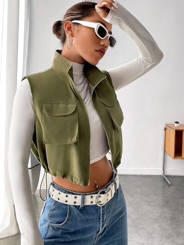 Verdusa Women's Flap Pocket Zip Up Sleeveless Drawstring Crop Vest Jacket in Saudi Arabia