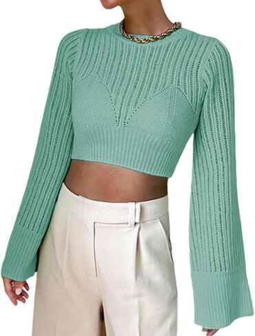 سترة نسائية Langwyqu برقبة دائرية وأكمام طويلة ومتماسكة من Pointelle بلوفر ناعم عتيق قطع علوية قصيرة in Kuwait