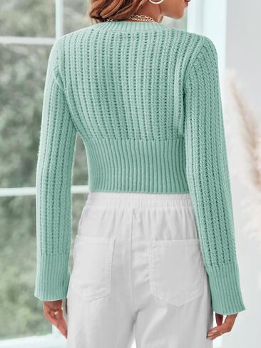 سترة نسائية Langwyqu برقبة دائرية وأكمام طويلة ومتماسكة من Pointelle بلوفر ناعم عتيق قطع علوية قصيرة in Kuwait