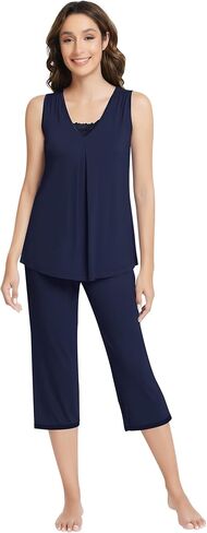 NACHILA Pajamas for Women-Viscose Made from Bamboo,Sleeveless Sleepwear Pleated Tank Top Pjs with Capri Pants Soft Pj in Kuwait