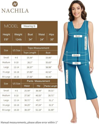 NACHILA Pajamas for Women-Viscose Made from Bamboo,Sleeveless Sleepwear Pleated Tank Top Pjs with Capri Pants Soft Pj in Kuwait