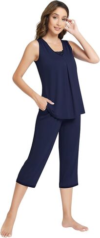 NACHILA Pajamas for Women-Viscose Made from Bamboo,Sleeveless Sleepwear Pleated Tank Top Pjs with Capri Pants Soft Pj in Kuwait