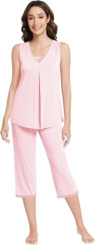 NACHILA Pajamas for Women-Viscose Made from Bamboo,Sleeveless Sleepwear Pleated Tank Top Pjs with Capri Pants Soft Pj in Kuwait