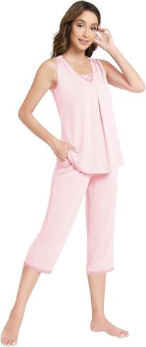 NACHILA Pajamas for Women-Viscose Made from Bamboo,Sleeveless Sleepwear Pleated Tank Top Pjs with Capri Pants Soft Pj in Kuwait