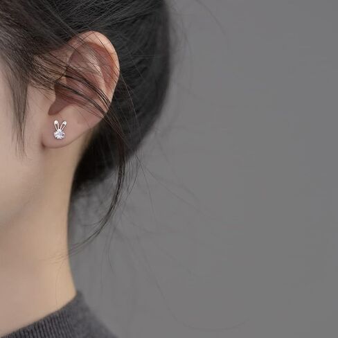 20G Cute Rabbit Cartilage Mini Stud Earrings 925 Sterling Silver Crystal CZ Bunny Animal Screw Back Ball Tragus Sleeper Studs Earring Dainty Jewelry for Women Teen Girls Little Gifts Hypoallergenic in Saudi Arabia