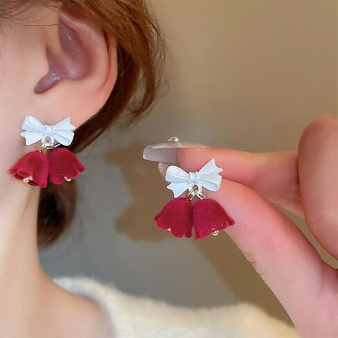 Vintage Shell Pearl Bowknot Bell Dangle Stud Earrings for Women Girls Hypoallergenic Cute Double Bells Charms Drop Dangling Stud Earring Lightweight Birthday Christmas New Year Festival Party Jewelry Dainty Gifts in Saudi Arabia