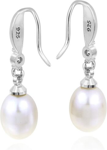 AeraVida Delicate Bridal Wedding Accessory Philippine Pearl Austrian Crystal in 925 Sterling Silver Dangle Drop Bridal Earrings, 8x30mm in Saudi Arabia