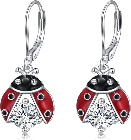 POPLYKE Ladybug/Bee/Jellyfish Earrings Dangle for Women Sterling Silver Animal Leverback Earrings Jewelry for Girls Animal Gifts Cubic-Zirconia (Red Ladybug) in Saudi Arabia