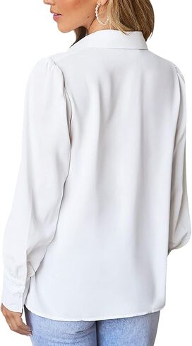 roswear Women’s Long Sleeve Chiffon Balloon Sleeve Work Blouses V Neck Business Casual Puff Sleeve Tops Button Down Shirts in Saudi Arabia