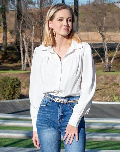 roswear Women’s Long Sleeve Chiffon Balloon Sleeve Work Blouses V Neck Business Casual Puff Sleeve Tops Button Down Shirts in Saudi Arabia