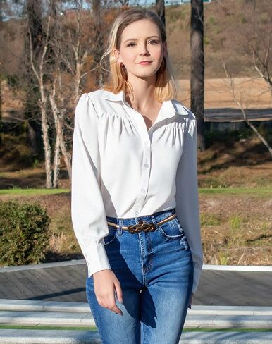 roswear Women’s Long Sleeve Chiffon Balloon Sleeve Work Blouses V Neck Business Casual Puff Sleeve Tops Button Down Shirts in Saudi Arabia