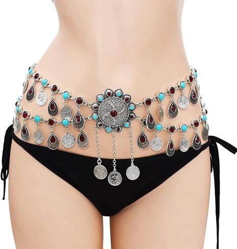 Jumwrit Vintage Bohemia Flower Body Chain Layered Rhinestone Waist Chain Adjustable Acrylic Disc Belly Chain for Women Teens and Girls in Kuwait