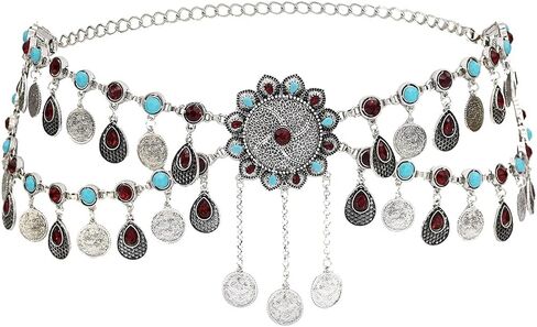 Jumwrit Vintage Bohemia Flower Body Chain Layered Rhinestone Waist Chain Adjustable Acrylic Disc Belly Chain for Women Teens and Girls in Kuwait