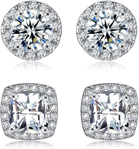 2 Pack / 3 Pack 18K White Gold Plated Round Square Cubic Zirconia Simulated Diamond Halo Stud Earrings in Kuwait