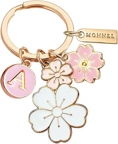 Women's Zinc Alloy Metal Flowers Cherry Blossoms and Letter A Charms Key Ring Keychain Z625 in Saudi Arabia