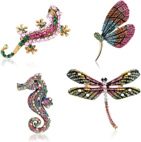 4 Pieces Fashion Colorful Enamel Brooch Pins Animals Brooch Pins Crystal Rhinestone Butterfly Seahorse Dragonfly Lizard Brooch Pins for for Women Ladies Jewelry in Saudi Arabia