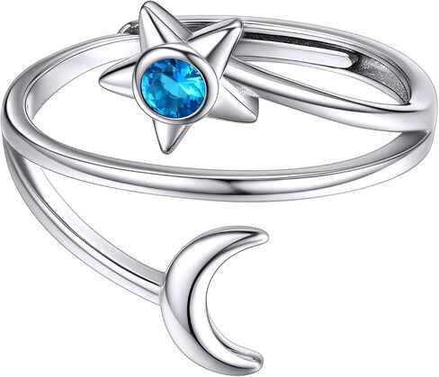 ChicSilver Moon and Star Ring 925 Sterling Silver Birthstone Crescent Moon Adjustable Wrap Open Band Rings Birthday Gift for Women in Saudi Arabia
