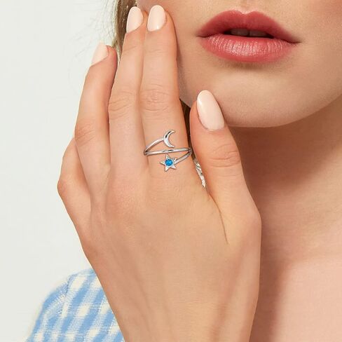 ChicSilver Moon and Star Ring 925 Sterling Silver Birthstone Crescent Moon Adjustable Wrap Open Band Rings Birthday Gift for Women in Saudi Arabia