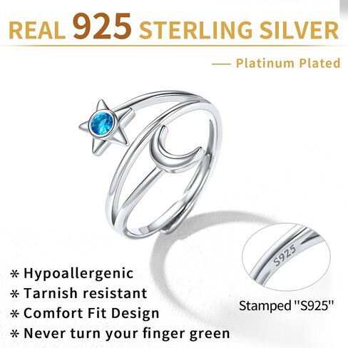ChicSilver Moon and Star Ring 925 Sterling Silver Birthstone Crescent Moon Adjustable Wrap Open Band Rings Birthday Gift for Women in Saudi Arabia