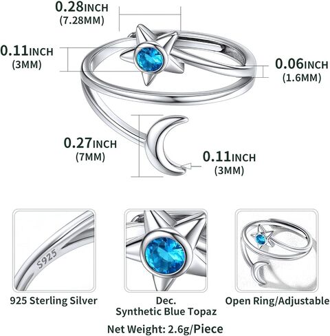 ChicSilver Moon and Star Ring 925 Sterling Silver Birthstone Crescent Moon Adjustable Wrap Open Band Rings Birthday Gift for Women in Saudi Arabia