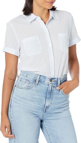 Tommy Hilfiger Women's Short Sleeve Shirt, Blue Sky Derby Stripe, Medium in Saudi Arabia