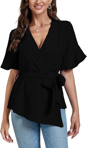 LYANER Women's Warp V Neck Belt Tie Waist Short Sleeve Blazer Blouse Shirt Peplum Top in Saudi Arabia