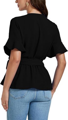 LYANER Women's Warp V Neck Belt Tie Waist Short Sleeve Blazer Blouse Shirt Peplum Top in Saudi Arabia