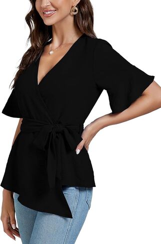 LYANER Women's Warp V Neck Belt Tie Waist Short Sleeve Blazer Blouse Shirt Peplum Top in Saudi Arabia