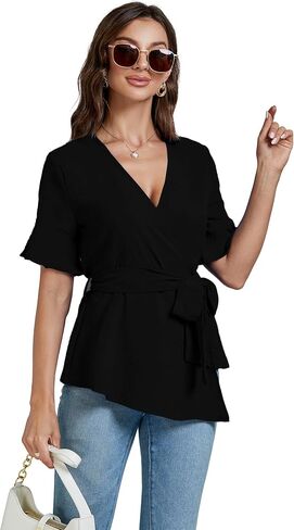LYANER Women's Warp V Neck Belt Tie Waist Short Sleeve Blazer Blouse Shirt Peplum Top in Saudi Arabia