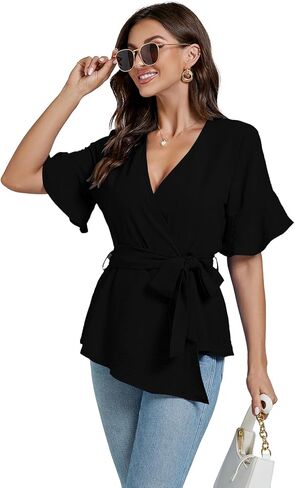LYANER Women's Warp V Neck Belt Tie Waist Short Sleeve Blazer Blouse Shirt Peplum Top in Saudi Arabia