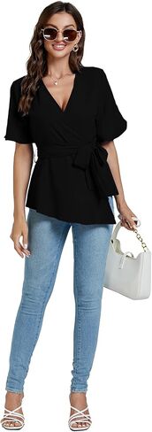 LYANER Women's Warp V Neck Belt Tie Waist Short Sleeve Blazer Blouse Shirt Peplum Top in Saudi Arabia