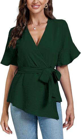 LYANER Women's Warp V Neck Belt Tie Waist Short Sleeve Blazer Blouse Shirt Peplum Top in Saudi Arabia