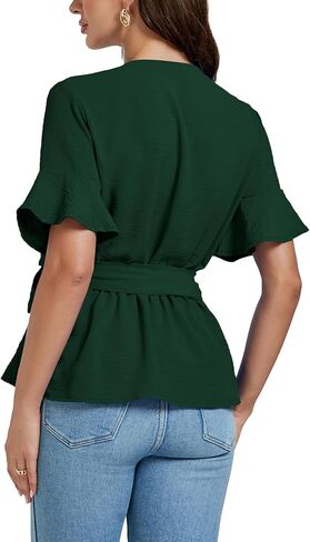 LYANER Women's Warp V Neck Belt Tie Waist Short Sleeve Blazer Blouse Shirt Peplum Top in Saudi Arabia