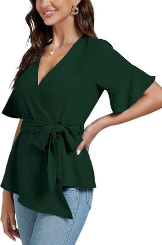 LYANER Women's Warp V Neck Belt Tie Waist Short Sleeve Blazer Blouse Shirt Peplum Top in Saudi Arabia