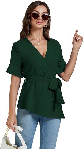 LYANER Women's Warp V Neck Belt Tie Waist Short Sleeve Blazer Blouse Shirt Peplum Top in Saudi Arabia
