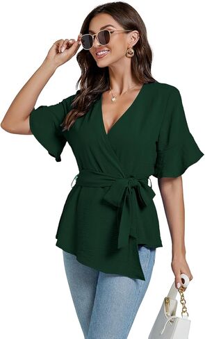 LYANER Women's Warp V Neck Belt Tie Waist Short Sleeve Blazer Blouse Shirt Peplum Top in Saudi Arabia