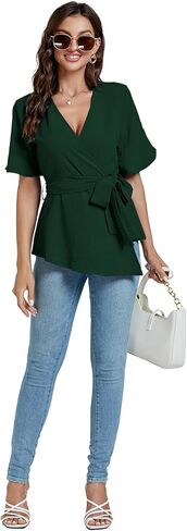 LYANER Women's Warp V Neck Belt Tie Waist Short Sleeve Blazer Blouse Shirt Peplum Top in Saudi Arabia