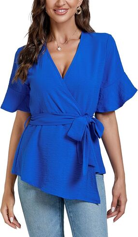 LYANER Women's Warp V Neck Belt Tie Waist Short Sleeve Blazer Blouse Shirt Peplum Top in Saudi Arabia